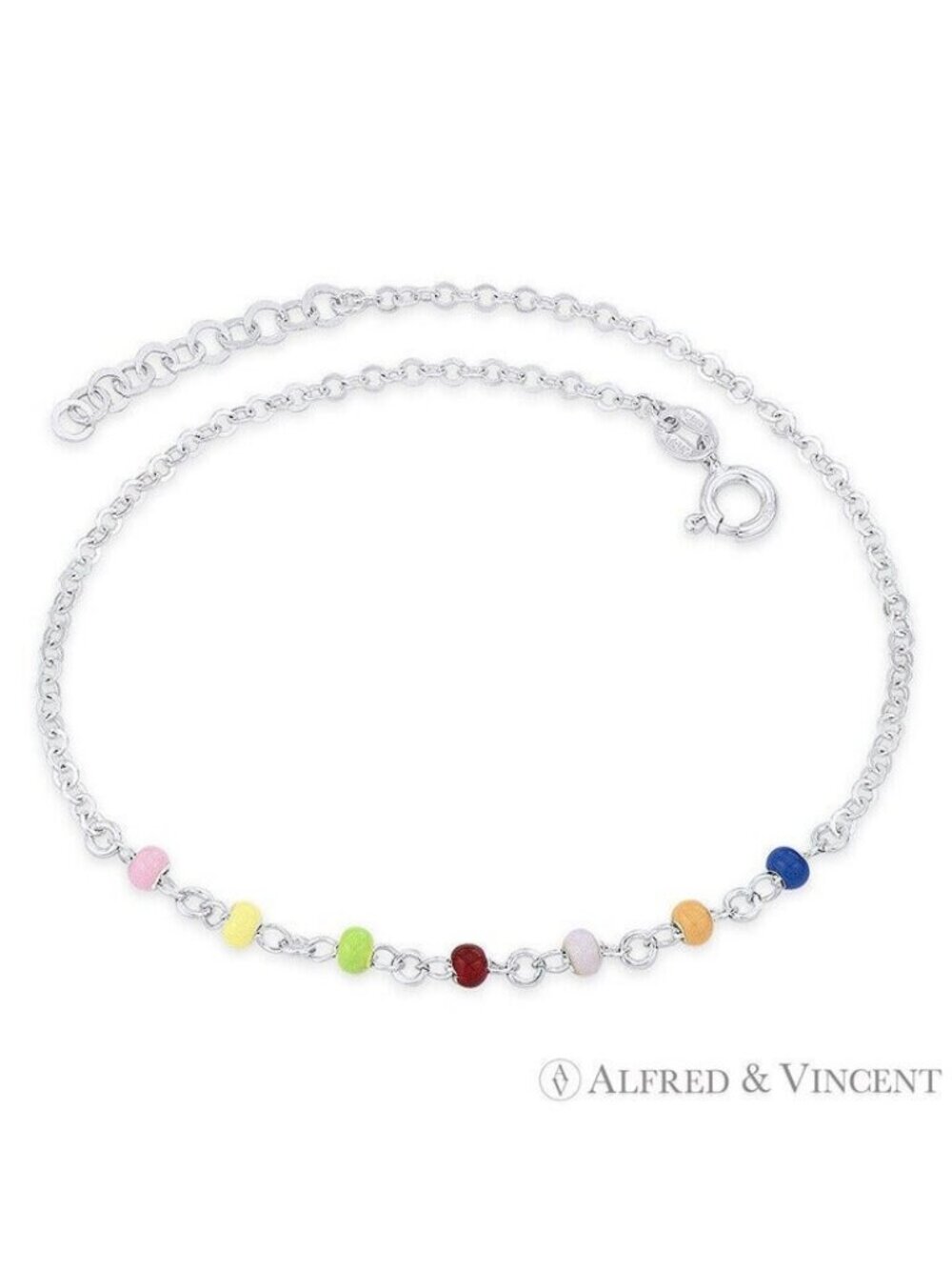 Enamel Bead,  Flat Rolo Chain Italian Charm Anklet in .925 Sterling Silver - 9"